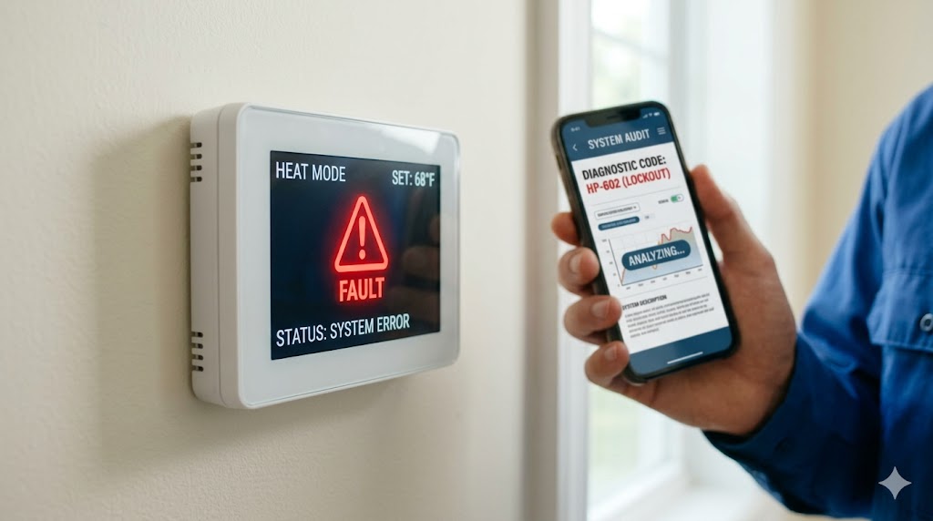 Digital thermostat showing a red flashing fault icon next to a technician holding a smartphone with a diagnostic system audit app.