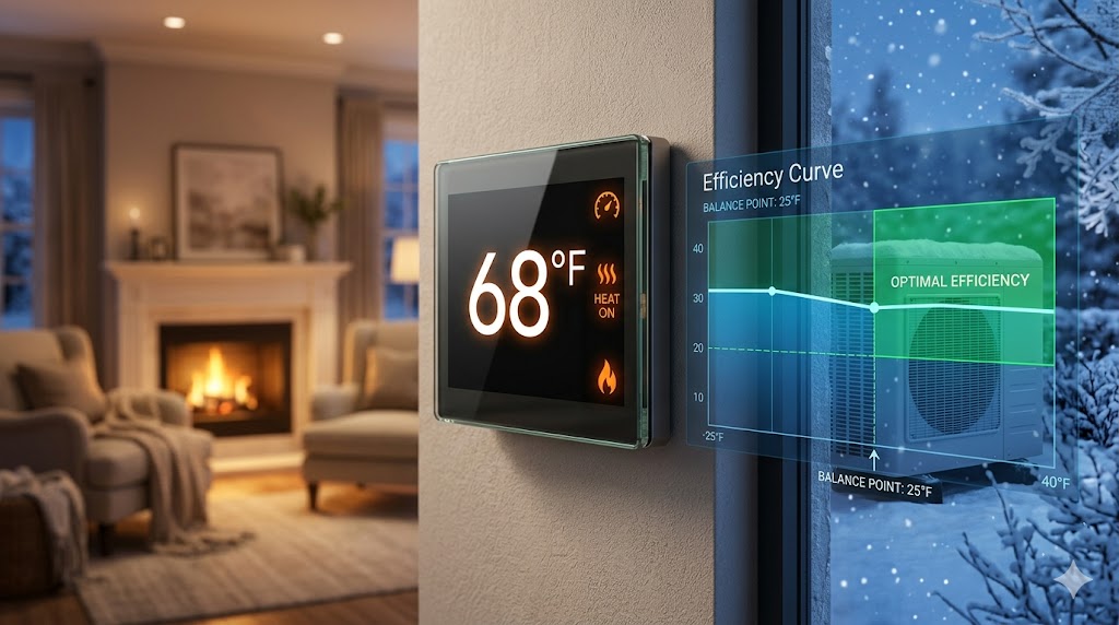 A smart thermostat set to 68 degrees in a winter living room with a digital graph showing the efficiency balance point of a heat pump.