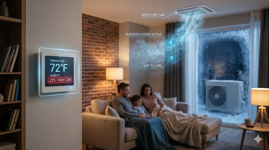 A smart thermostat showing low humidity levels in a living room with a digital overlay visualizing a heat pump filling the moisture gap.