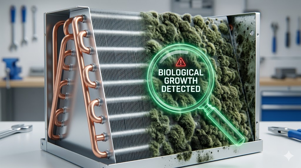 Macro photograph showing an HVAC evaporator coil split between clean silver fins and fins heavily colonized by green and black mold growth, with a digital diagnostic magnifier overlay.