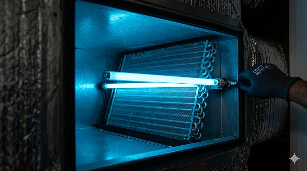 An internal view of an HVAC UV-C germicidal light installed directly above the indoor evaporator coils to prevent mold growth.