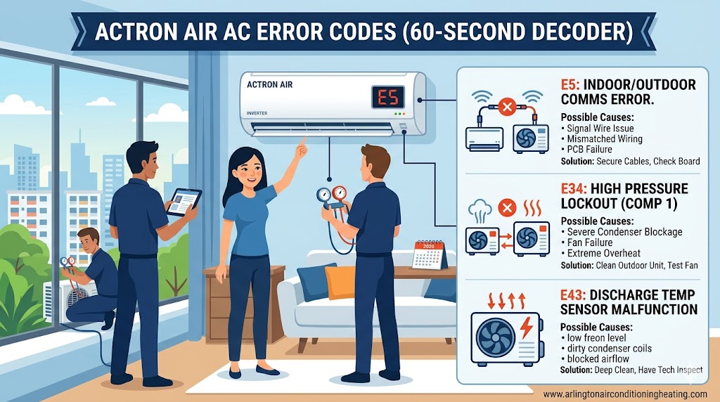 Professional 2026 diagnostic infographic for Actron Air AC error codes, showing technicians using a tablet and gauges to decode E5, E34, and E43 faults for a ducted inverter system.