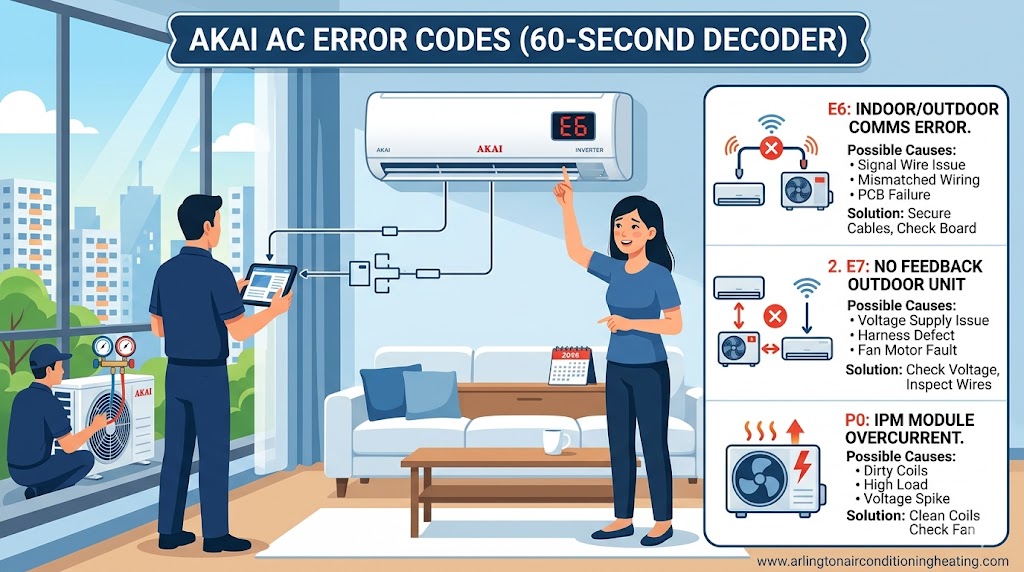 Professional 2026 diagnostic infographic for Akai AC error codes, showing technicians using a tablet to decode E6, E7, and P0 faults for a residential inverter system.