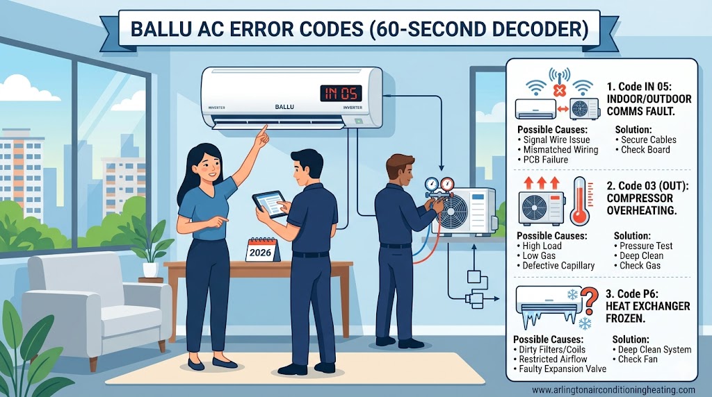 Professional 2026 diagnostic infographic for Ballu AC error codes, showing technicians using a tablet to decode Code 05, 03 (OUT), and P6 faults for a residential inverter system.