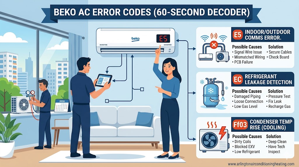 Professional 2026 diagnostic infographic for Beko AC error codes, showing technicians using a tablet to decode E5, EC, and Ff03 faults for a residential inverter system.