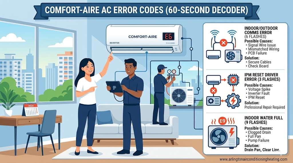 Professional 2026 diagnostic infographic for Comfort-Aire AC error codes, showing technicians using a tablet to decode E6, P0, and E9 faults for a residential inverter system.