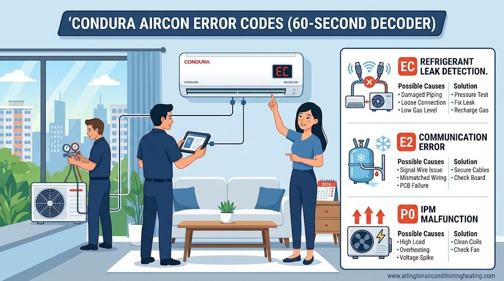 Professional 2026 diagnostic infographic for Condura aircon error codes, showing technicians using a tablet to decode EC, E2, and P0 faults for a residential inverter system.