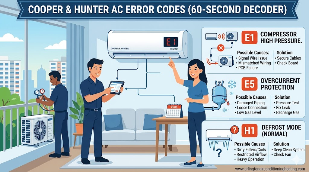 Professional 2026 diagnostic infographic for Cooper and Hunter (C&H) AC error codes, showing technicians using a tablet to decode E1, E5, and H1 faults for a residential inverter system.