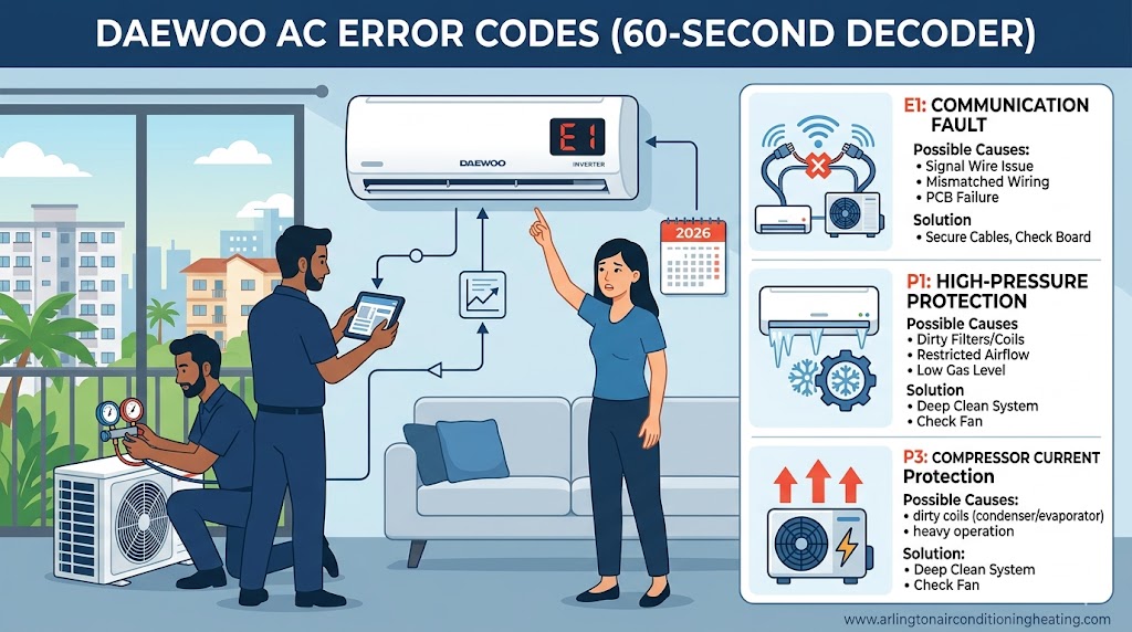 Professional 2026 diagnostic infographic for Daewoo AC error codes, showing technicians using a tablet to decode E1, P1, and P3 faults for a residential inverter system.