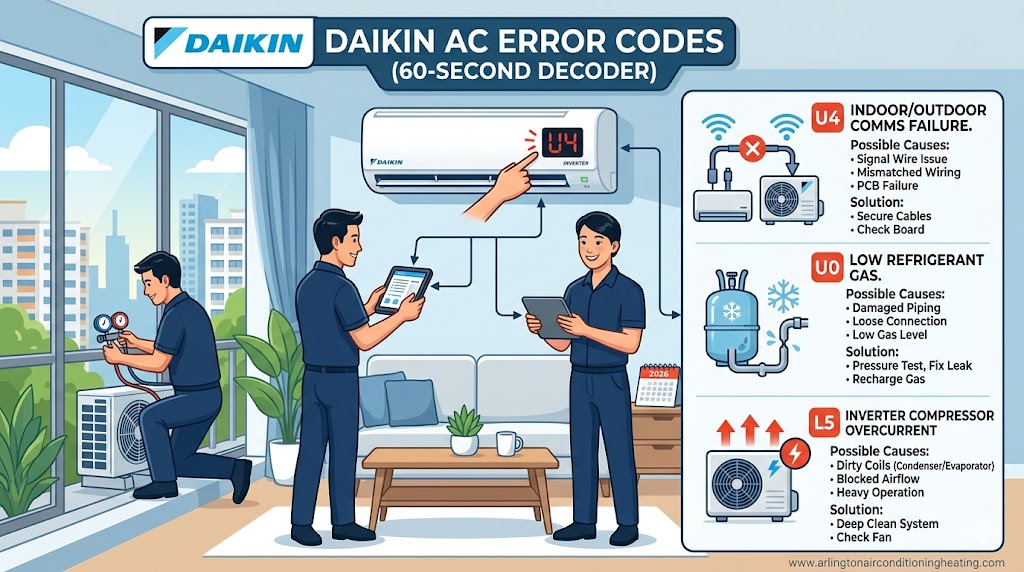 Professional 2026 diagnostic infographic for Daikin AC error codes, showing technicians using a tablet to decode U4, U0, and L5 faults for a residential inverter system.