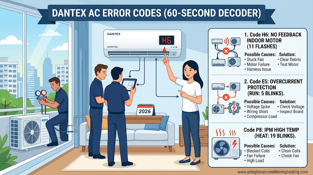 Professional 2026 diagnostic infographic for Dantex AC error codes, showing technicians using a tablet to decode H6, E5, and P8 faults for a residential inverter system.