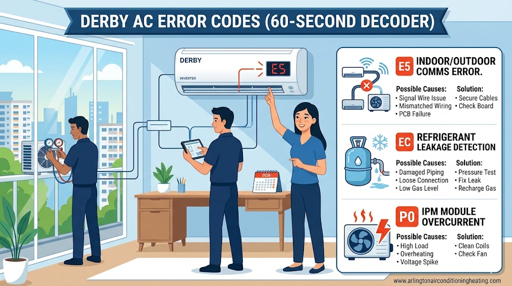 Professional 2026 diagnostic infographic for Derby AC error codes, showing technicians using a tablet to decode E5, EC, and P0 faults for a residential inverter system.