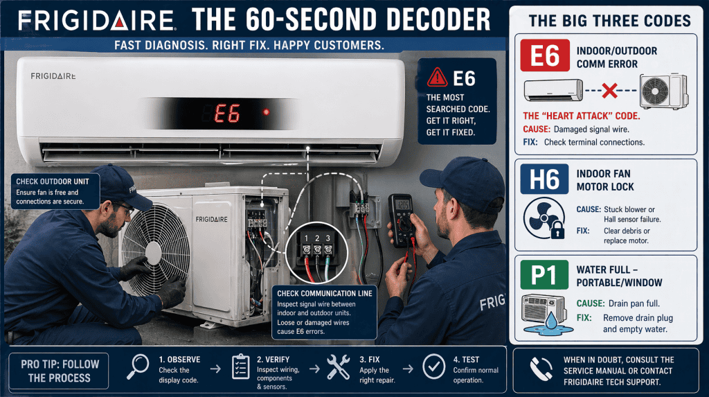 Professional 2026 diagnostic infographic for Frigidaire AC error codes, showing technicians decoding E6, H6, and P1 faults for split and portable units.