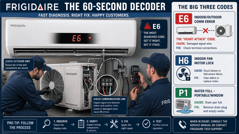 Professional 2026 diagnostic infographic for Frigidaire AC error codes, showing technicians decoding E6, H6, and P1 faults for split and portable units.