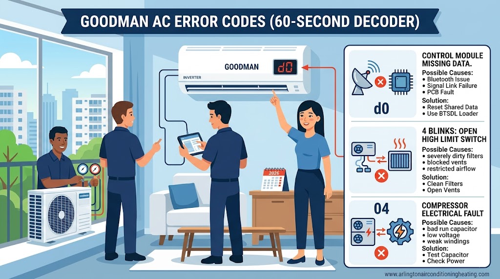 Professional 2026 diagnostic infographic for Goodman AC error codes, showing technicians using a tablet to decode d0, 4 Blink, and Code 04 faults for a residential inverter system.