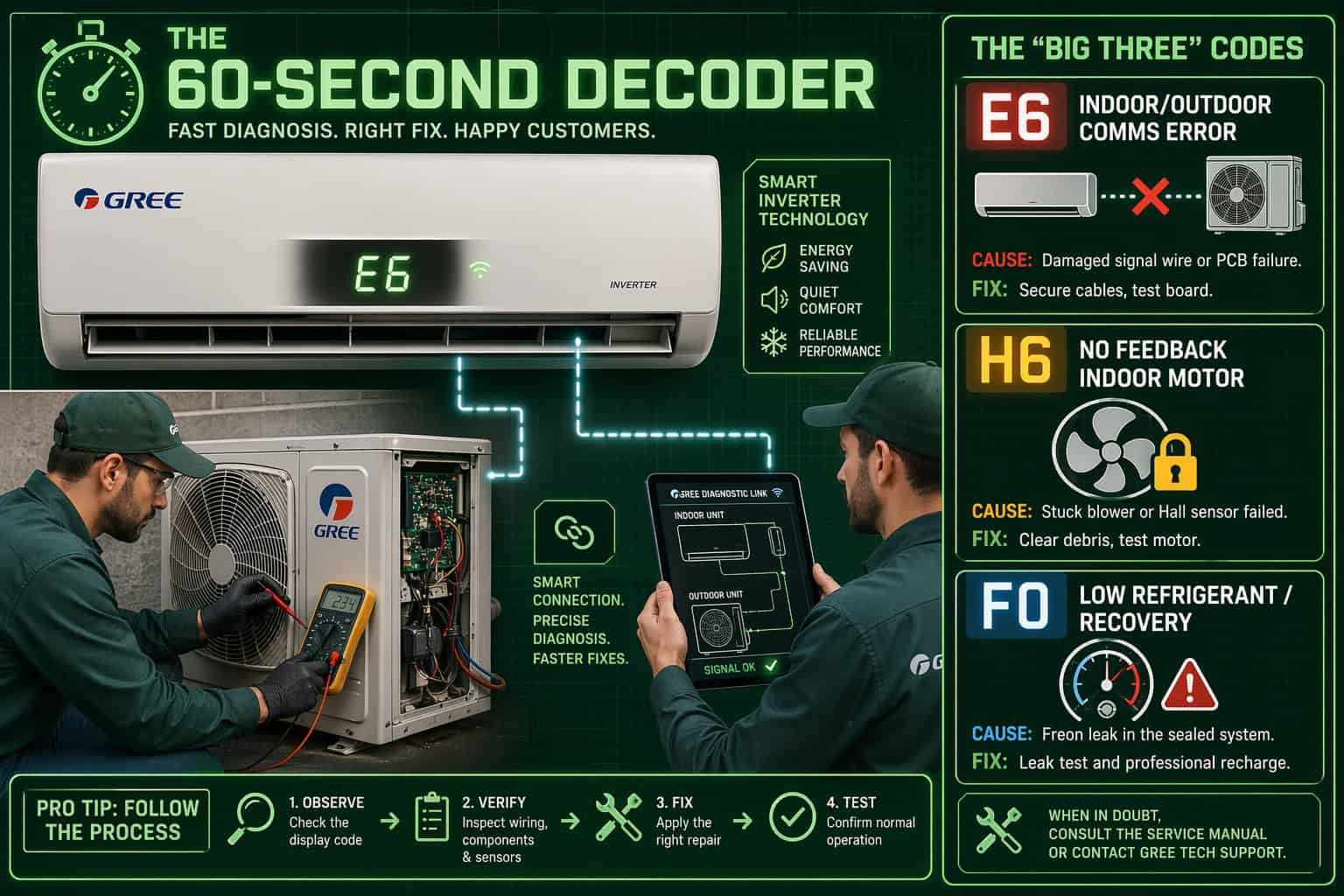 Professional 2026 diagnostic infographic for Gree AC error codes, showing technicians decoding E6, H6, and F0 faults for a residential split system.