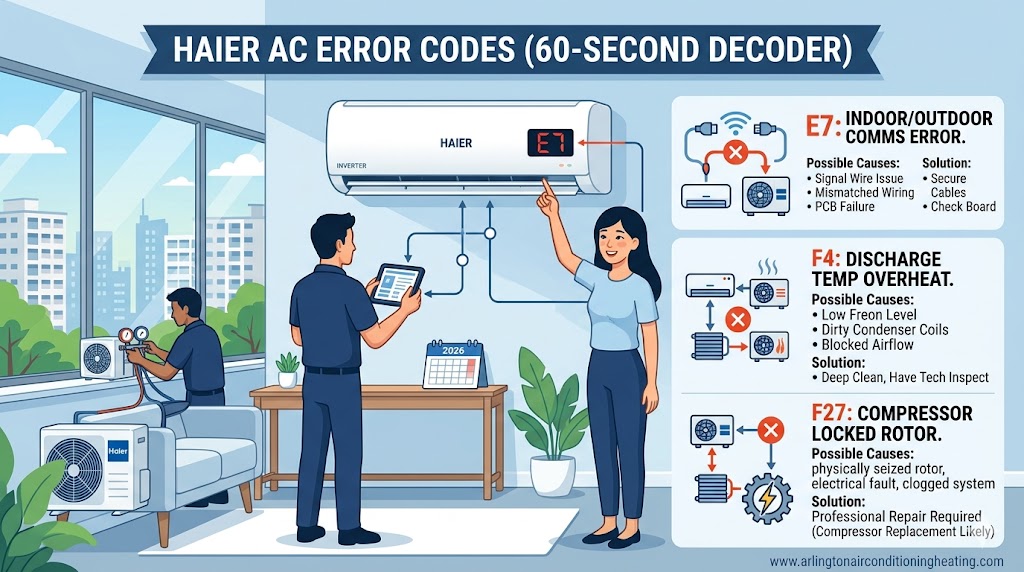 Professional 2026 diagnostic infographic for Haier AC error codes, showing technicians using a tablet to decode E7, F4, and F27 faults for a residential inverter system.
