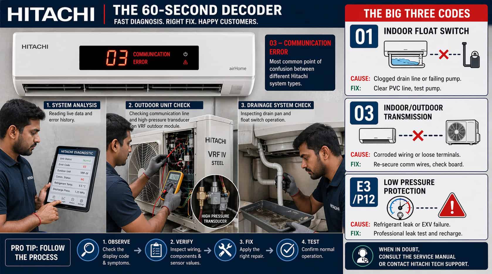 Professional 2026 diagnostic infographic for Hitachi AC error codes, showing technicians using a tablet to decode 01, 03, and E3/P12 faults for residential and VRF systems.