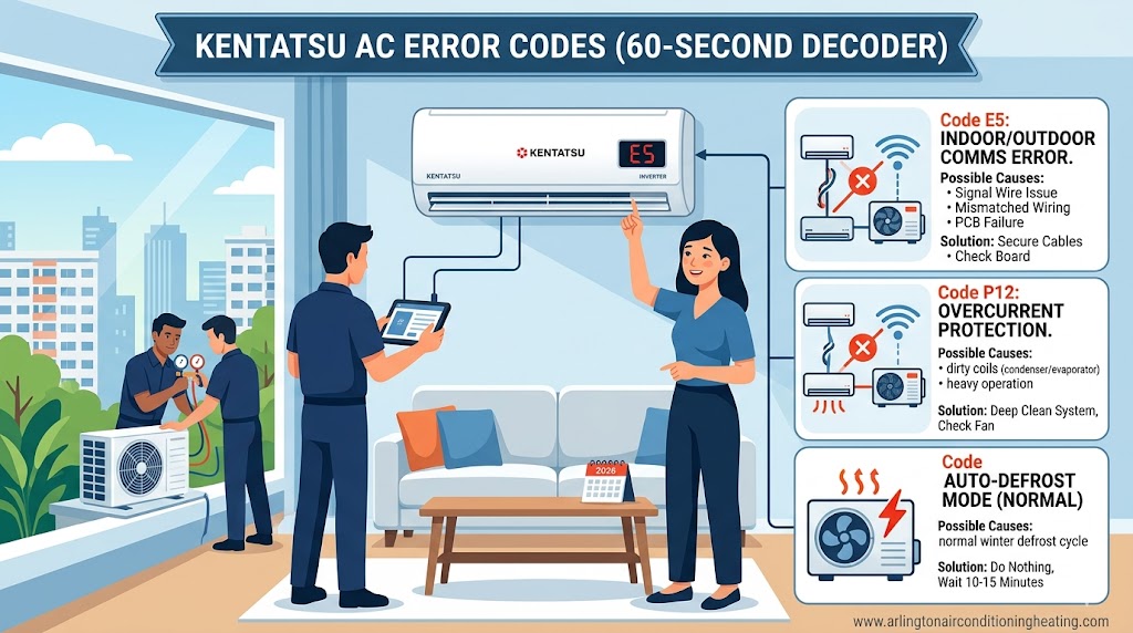 Professional 2026 diagnostic infographic for Kentatsu AC error codes, showing technicians using a tablet to decode E5, P12, and HS faults for a residential inverter system.