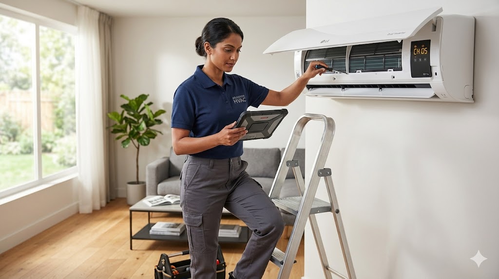 A professional HVAC technician using a smartphone app to troubleshoot an LG Dual Inverter air conditioner unit.