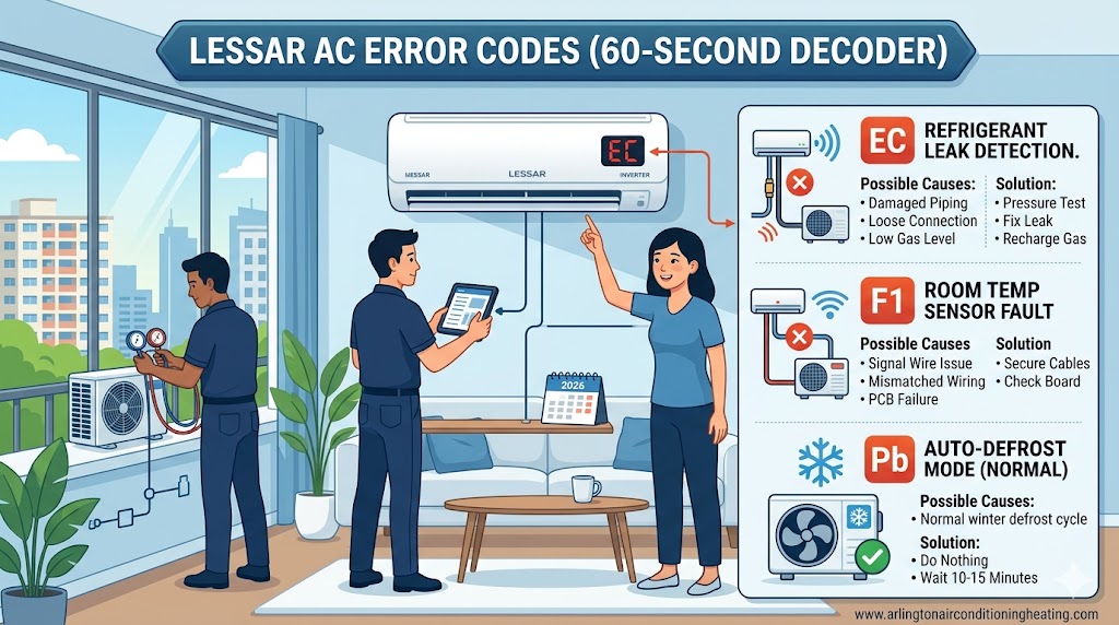 Professional 2026 diagnostic infographic for Lessar air conditioner error codes, showing technicians using a tablet to decode EC, F1, and Pb faults for a residential inverter system.