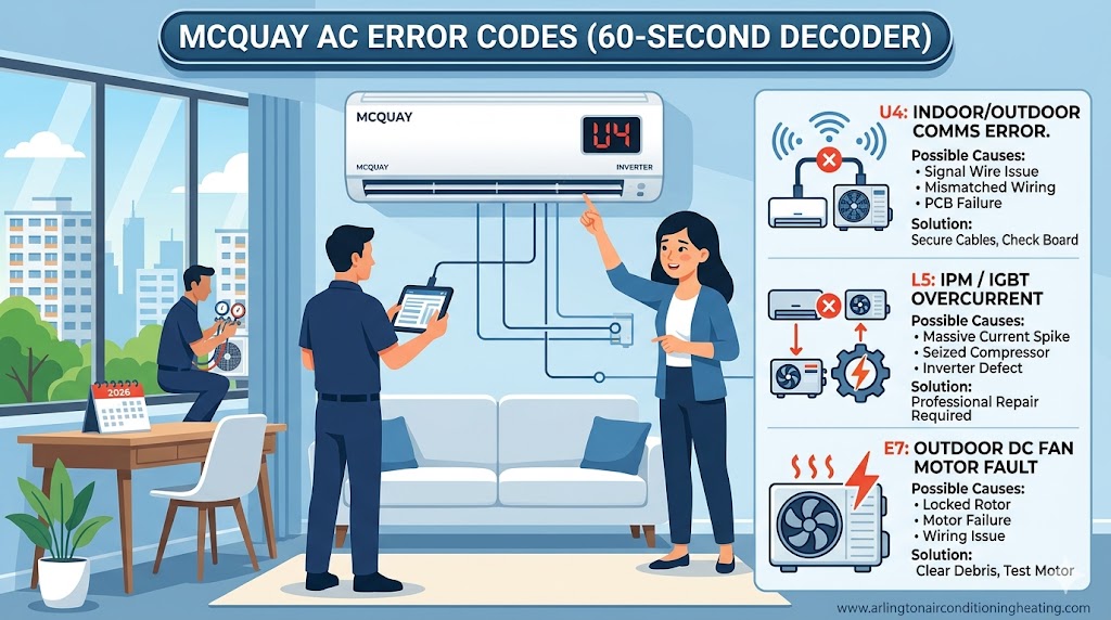 Professional 2026 diagnostic infographic for McQuay AC error codes, showing technicians using a tablet to decode U4, L5, and E7 faults for a residential inverter system.