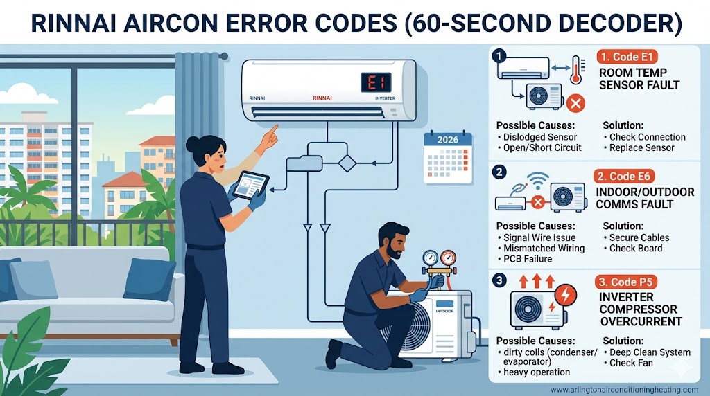 Professional 2026 diagnostic infographic for Rinnai aircon error codes, showing technicians using a tablet to decode E1, E6, and P5 faults for a residential inverter system.