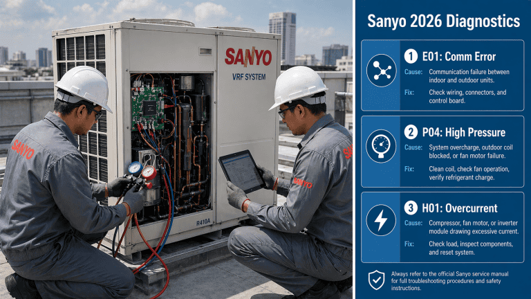 Professional 2026 diagnostic infographic for Sanyo AC and VRF error codes E01, P04, and H01, showing technicians repairing a commercial rooftop unit.