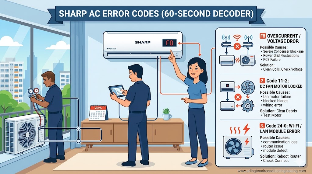 Professional 2026 diagnostic infographic for Sharp AC error codes, showing technicians using a tablet to decode F8, 11-2, and 24-0 faults for a residential inverter system.
