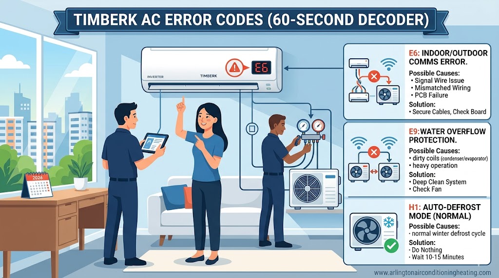 Professional 2026 diagnostic infographic for Timberk AC error codes, showing technicians using a tablet to decode E6, E9, and H1 faults for a residential inverter system.