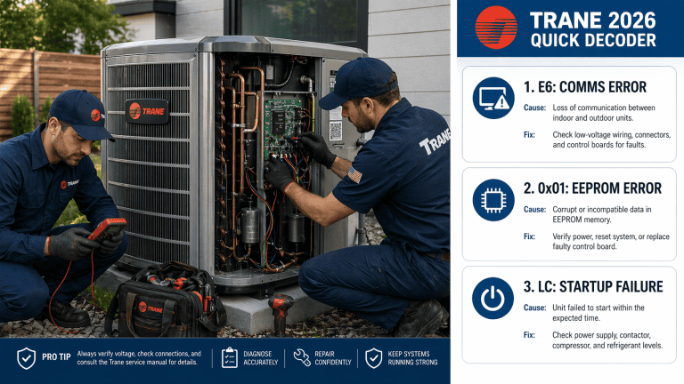 Professional 2026 photograph of HVAC technicians diagnosing a Trane air conditioner electrical panel and compressor to resolve an E6 communication error.
