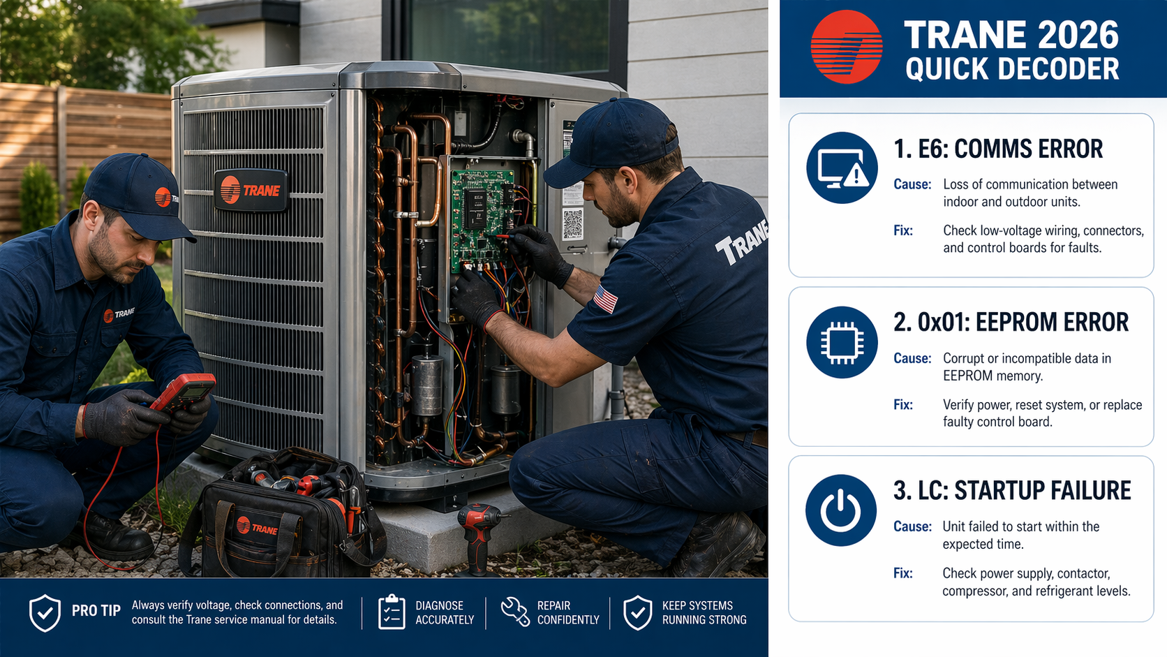 Professional 2026 photograph of HVAC technicians diagnosing a Trane air conditioner electrical panel and compressor to resolve an E6 communication error.