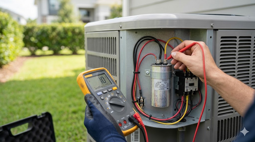 An HVAC technician testing an air conditioner run capacitor with a multimeter after the compressor stopped working.