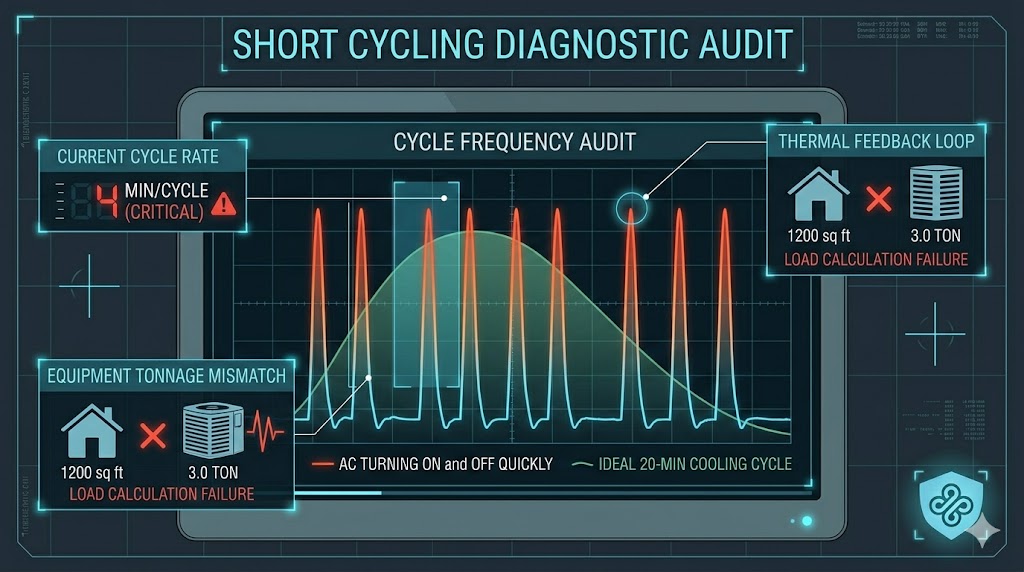 HVAC Diagnostic HUD: Forensic Cycle Frequency Audit Comparing Ideal vs Short Cycle Rate