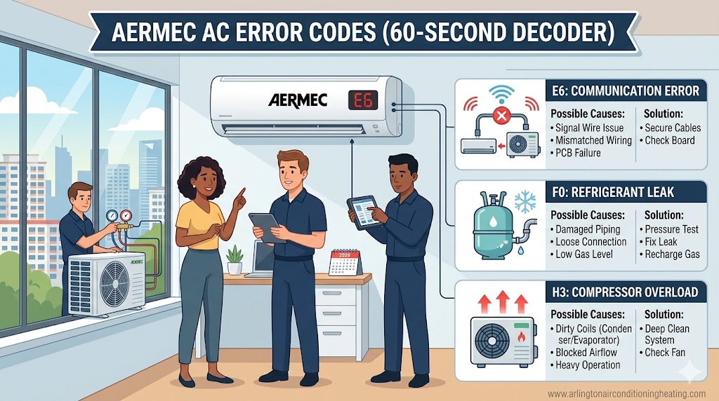 Aermec AC error codes professional 60-second diagnostic infographic (2026) by arlingtonairconditioningheating.com, highlighting causes for E6, F0, H3, and sensor faults.