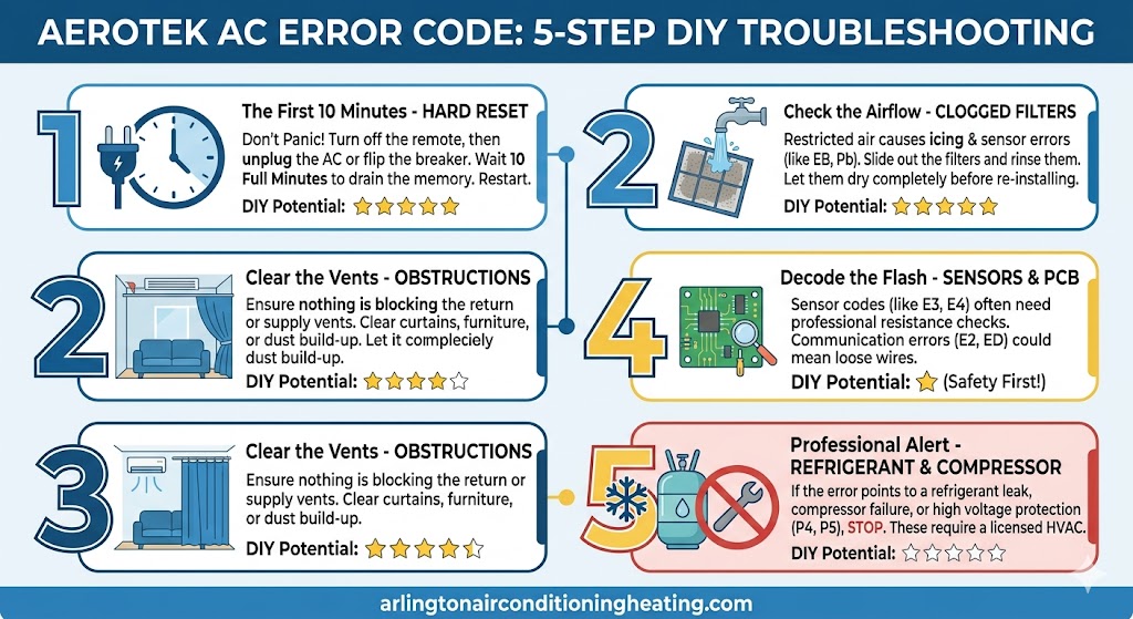 Infographic showing the 5-step DIY troubleshooting process for an Aerotek AC error code.