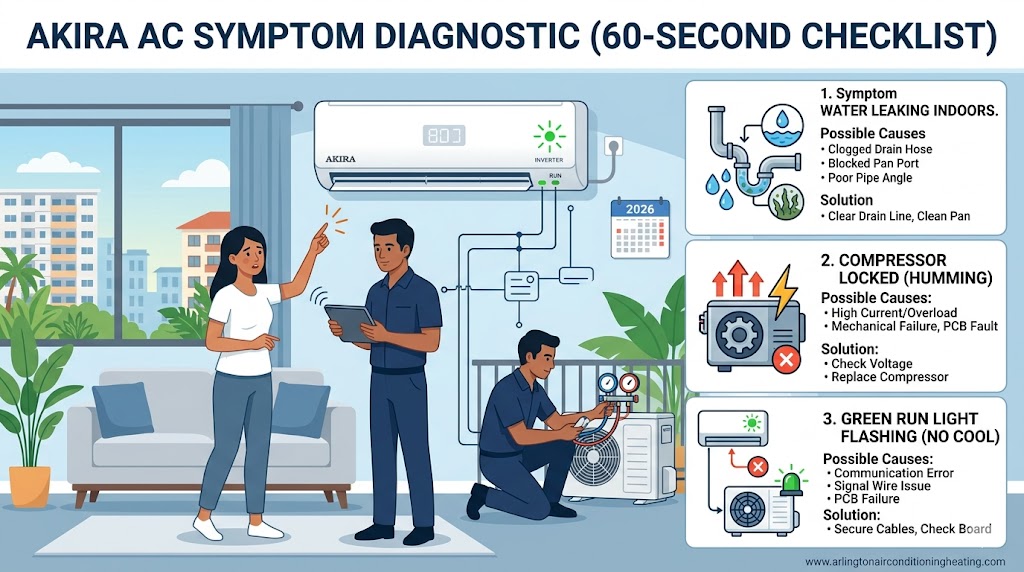 Akira AC troubleshooting professional 60-second diagnostic checklist (2026) by arlingtonairconditioningheating.com, highlighting causes for water leaks, locked compressors, and flashing RUN lights.