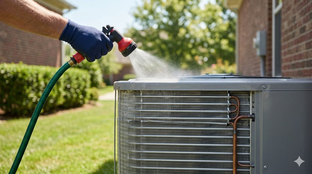A homeowner safely using a garden hose on a gentle setting to wash the aluminum fins of an outdoor air conditioning compressor.