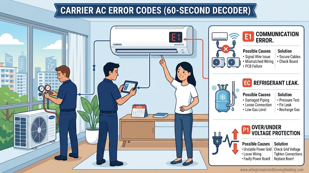 Carrier AC error codes professional 60-second diagnostic infographic (2026) by arlingtonairconditioningheating.com, highlighting causes for E1, EC, and P1 faults.