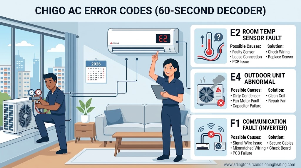Chigo AC error codes professional 60-second diagnostic infographic (2026) by arlingtonairconditioningheating.com, highlighting causes for E2, E4, F1, and standard repair scenarios.