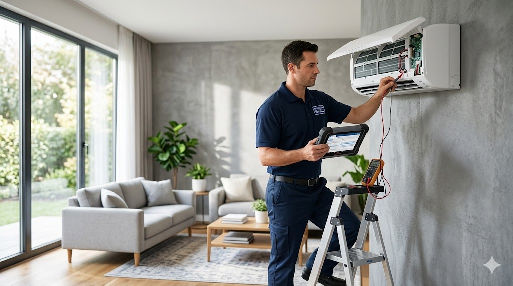 A professional HVAC technician diagnosing a Denko split air conditioner with an OEM Midea brain, using a tablet and multimeter.