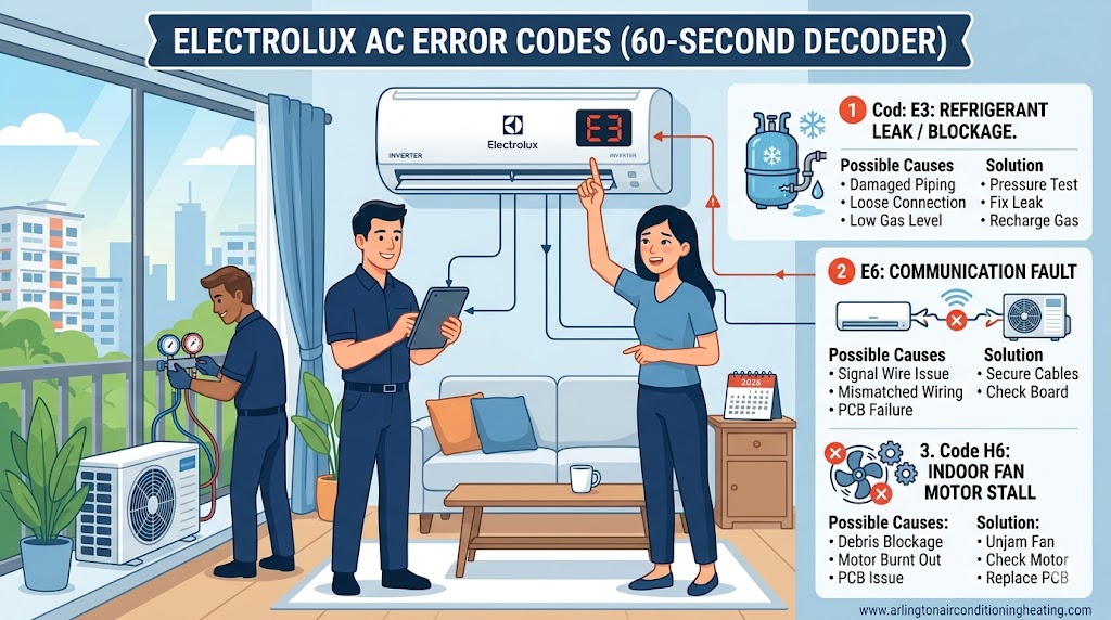 Electrolux AC error codes professional 60-second diagnostic infographic (2026) by arlingtonairconditioningheating.com, highlighting causes for E3, E6, and H6 faults.