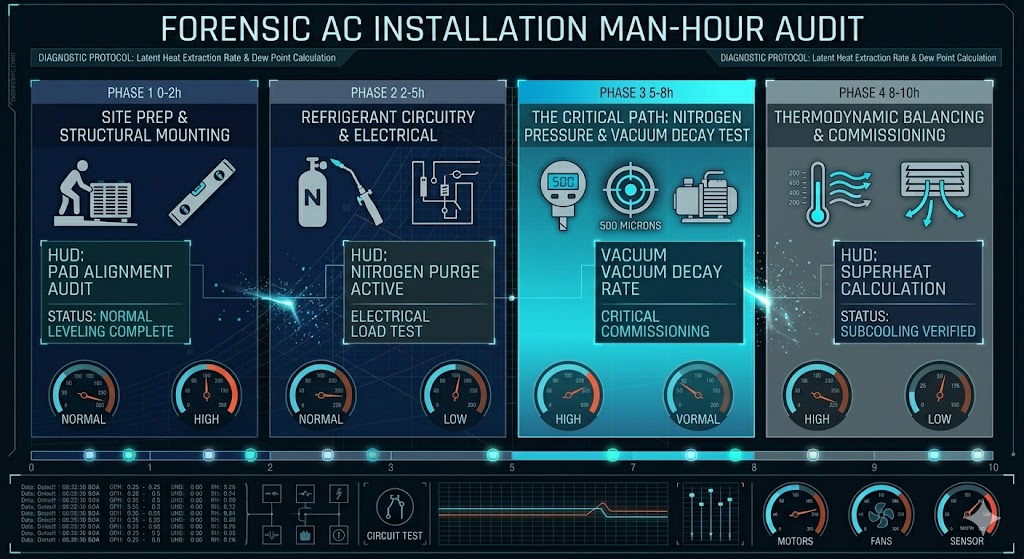 HVAC Installation Timeline Infographic: 4 Phases of AC System Commissioning and Man-Hour Audit