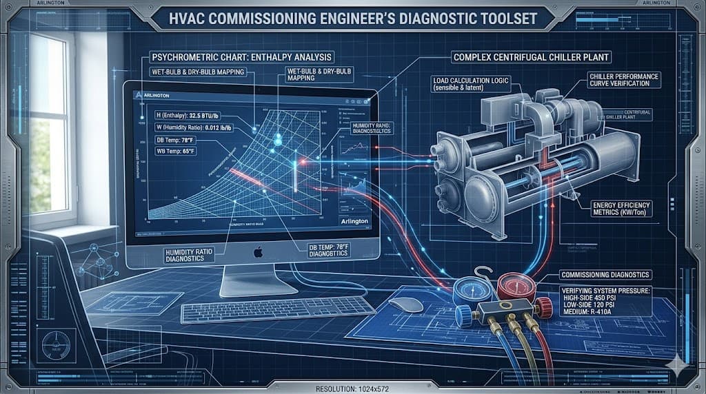 A technical blueprint-style visualization of an engineer's desk showing a digital psychrometric chart and professional 4-port manifold gauges.
