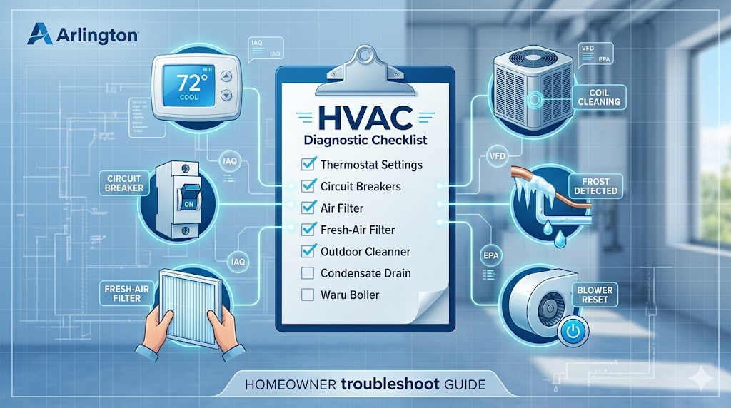 A technical infographic checklist for homeowners to troubleshoot HVAC issues including thermostat settings, circuit breakers, and air filters.