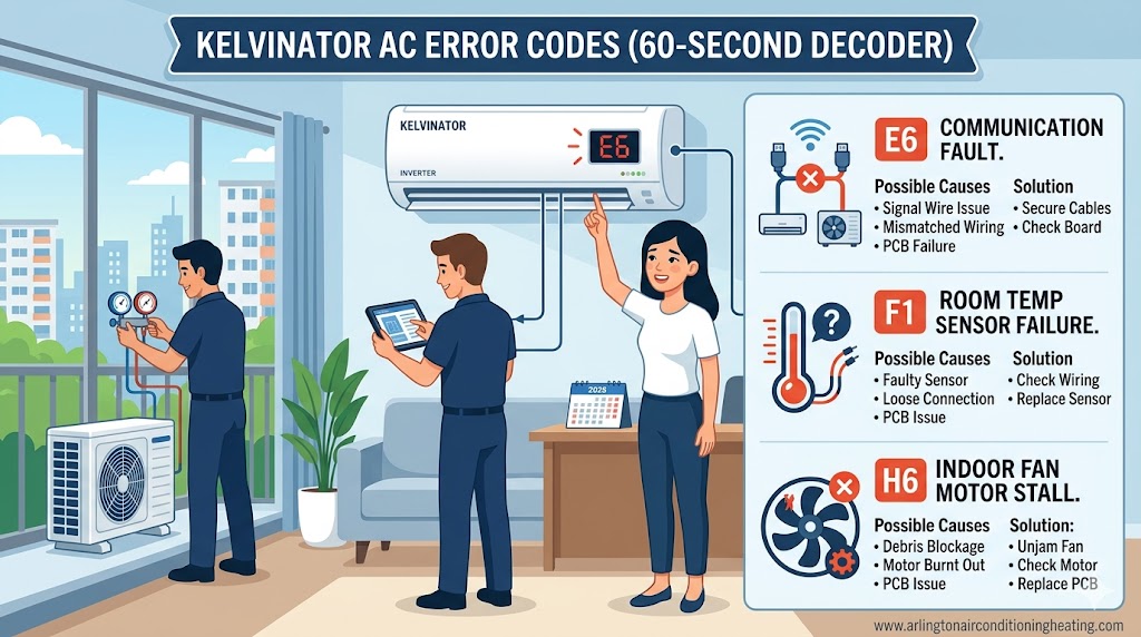 Kelvinator AC error codes professional 60-second diagnostic infographic (2026) by arlingtonairconditioningheating.com, highlighting causes for E6, F1, and H6 faults.