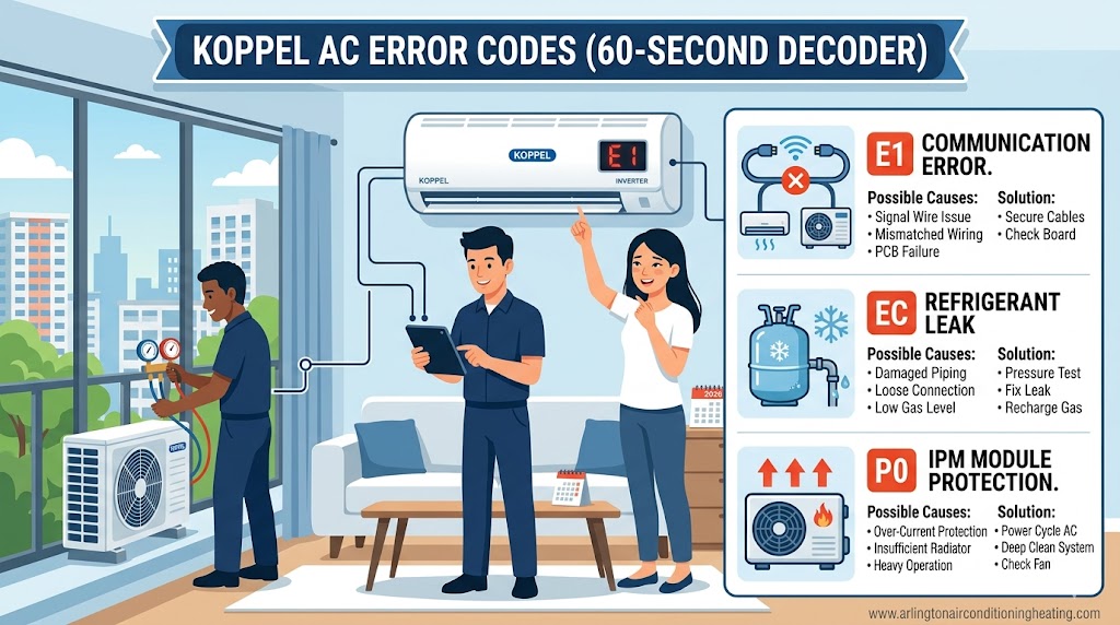 Koppel AC error codes professional 60-second diagnostic infographic (2026) by arlingtonairconditioningheating.com, highlighting causes for E1, EC, P0, and inverter faults.