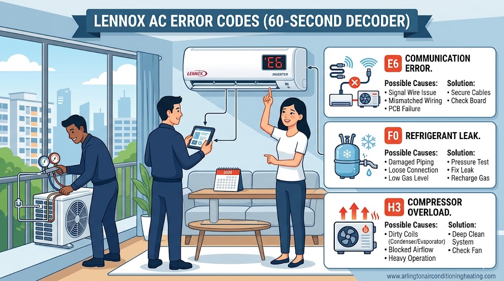 Lennox AC error codes professional 60-second diagnostic infographic (2026) by arlingtonairconditioningheating.com, highlighting causes for E6, F0, and H3 faults.