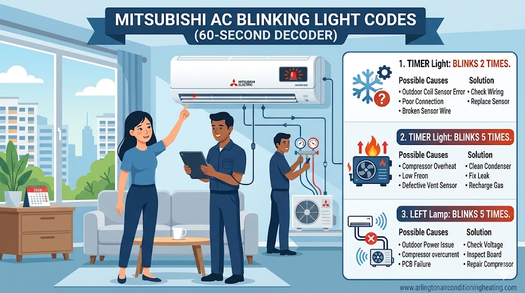 Mitsubishi AC light blinking professional 60-second diagnostic infographic (2026) by arlingtonairconditioningheating.com, highlighting causes for Timer (2, 5 blinks) and Left Lamp (5 blinks) faults.