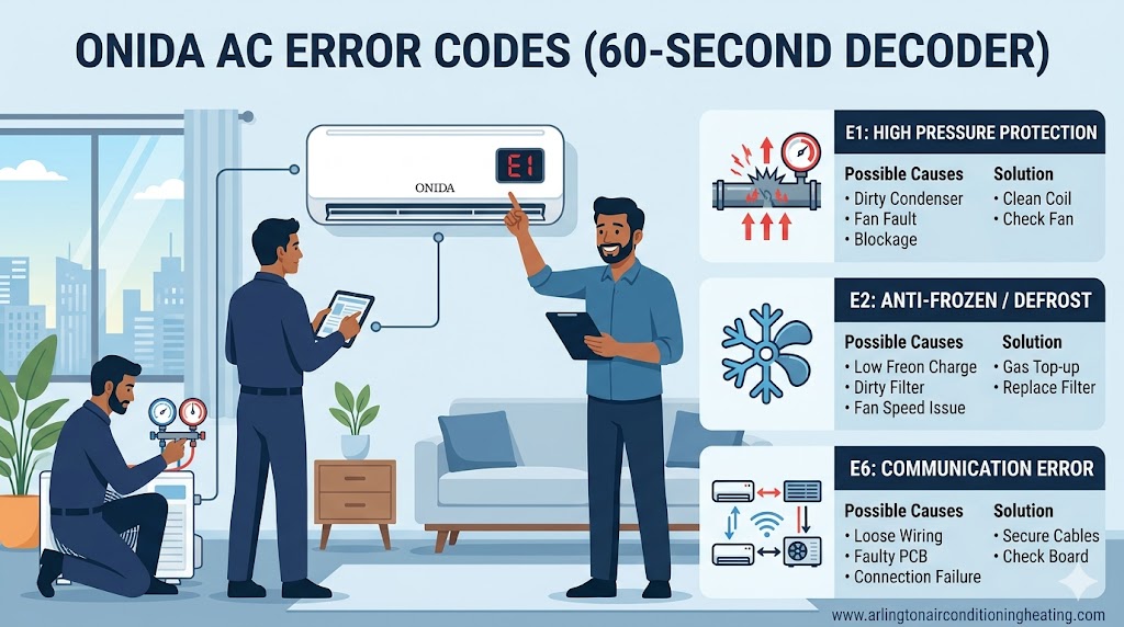Onida AC error codes professional 60-second diagnostic infographic (2026) by arlingtonairconditioningheating.com, highlighting causes for E1, E2, E6.